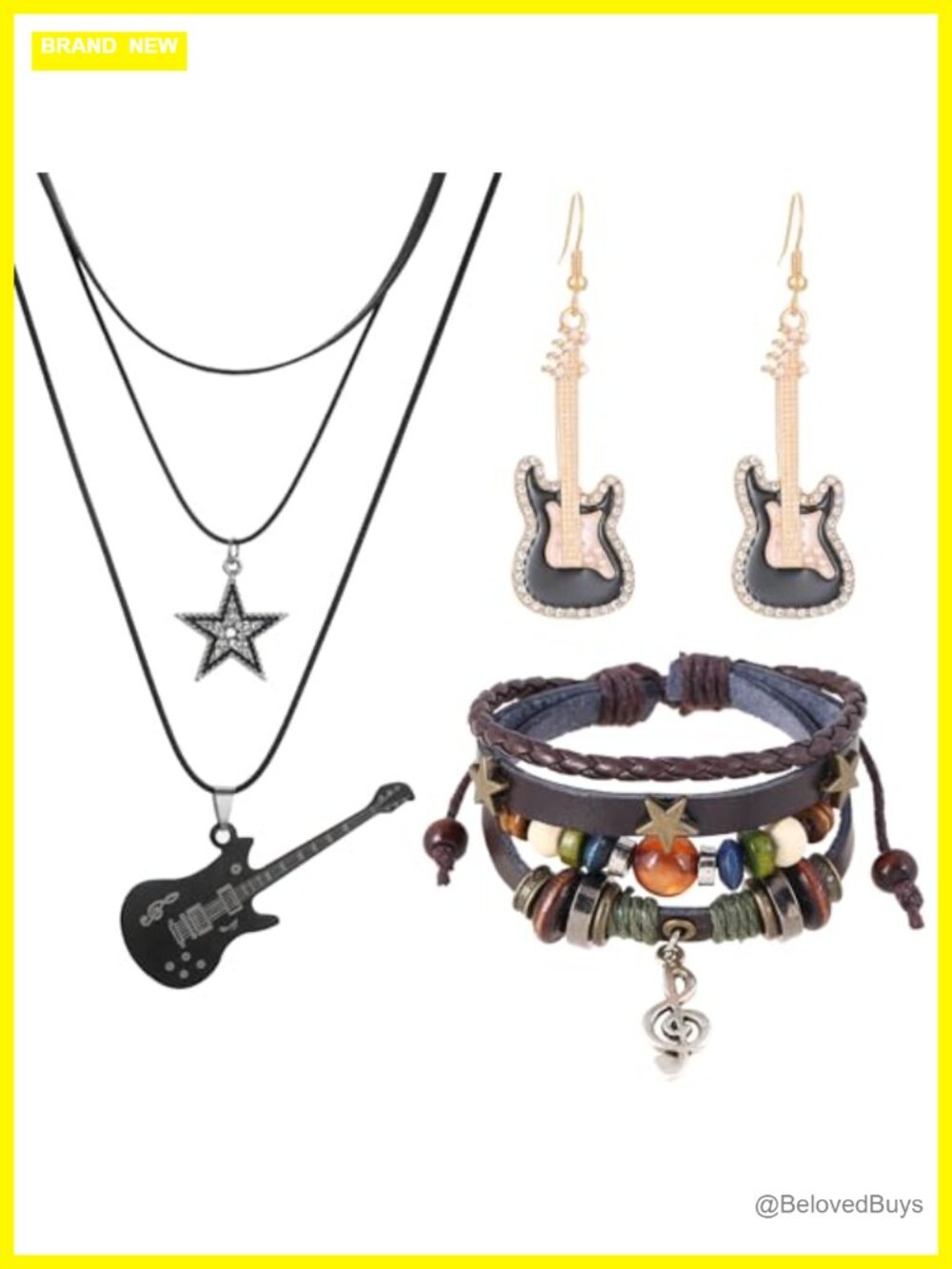 Y2K Star Guitar Necklace Earrings Leather Bracelet Set Alloy Metal Music Lover
